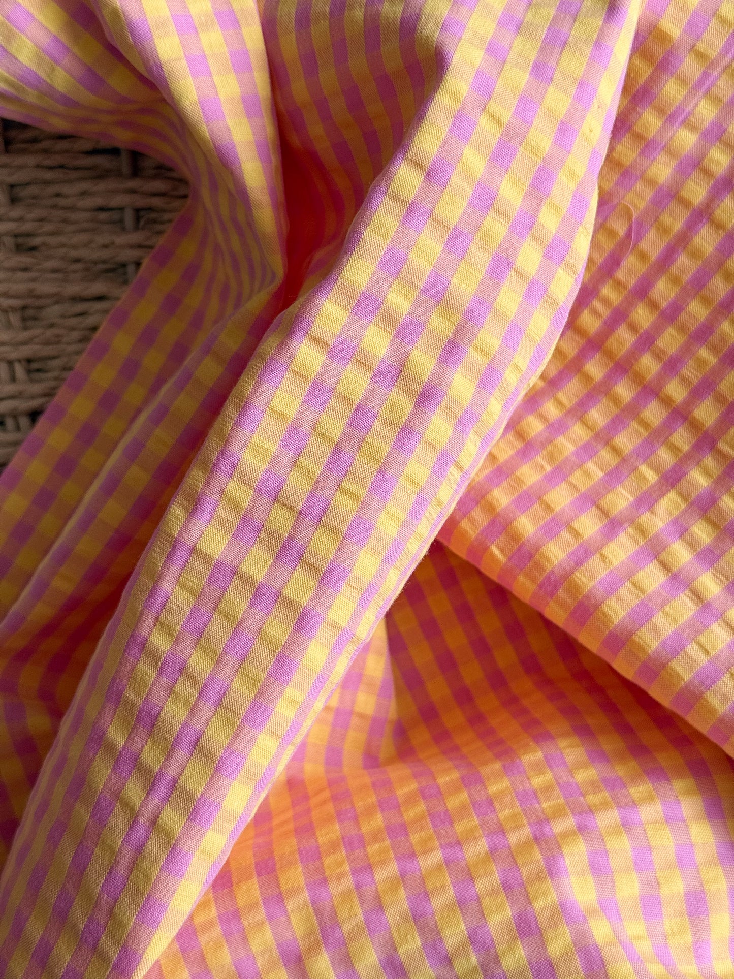 Cotton Seersucker Fabric - Gingham - Rhubarb & Custard