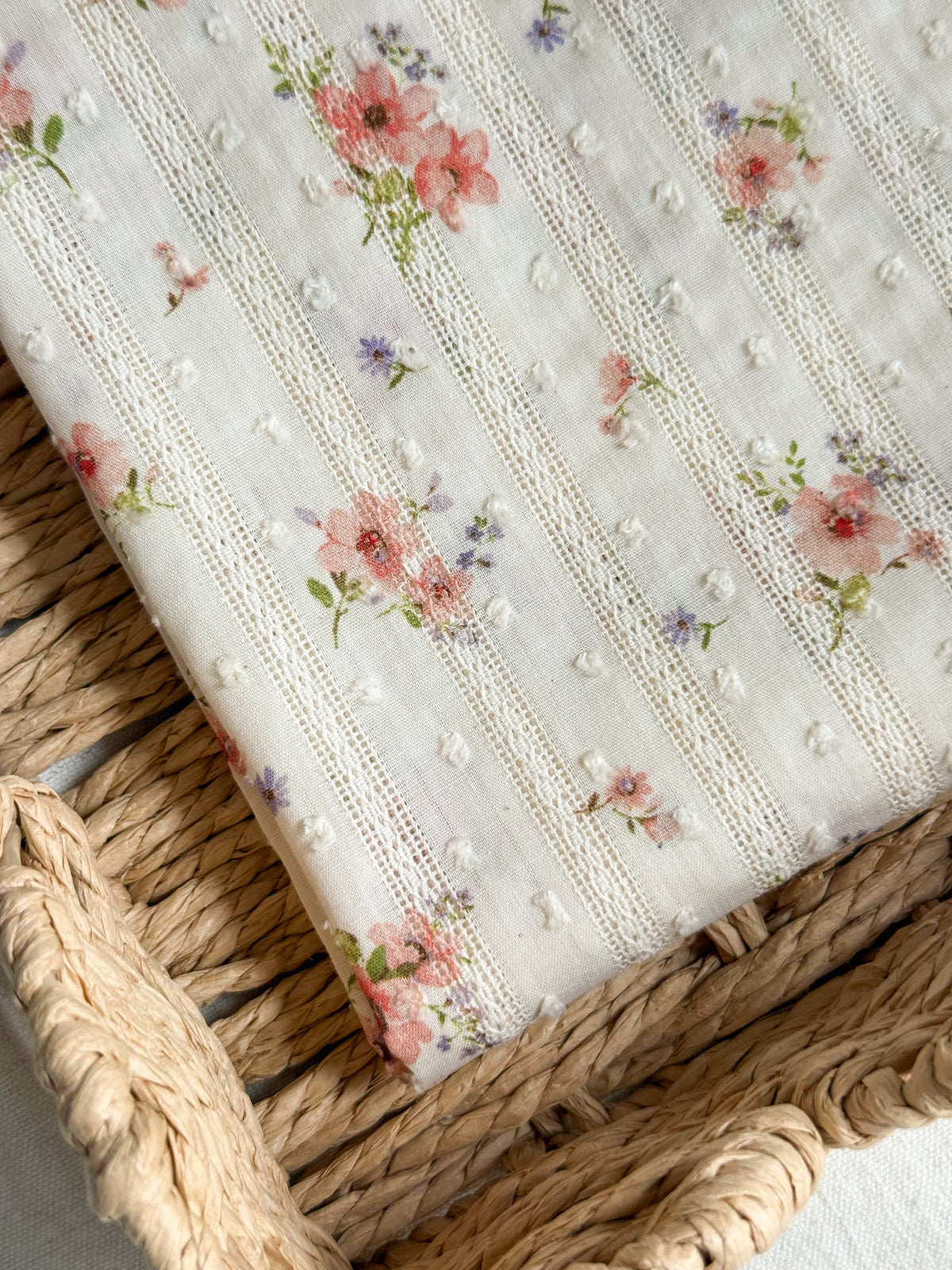 Embroidered Jacquard Cotton Swiss Dot Dobby Fabric - Peach Floral - 45cm Remnant