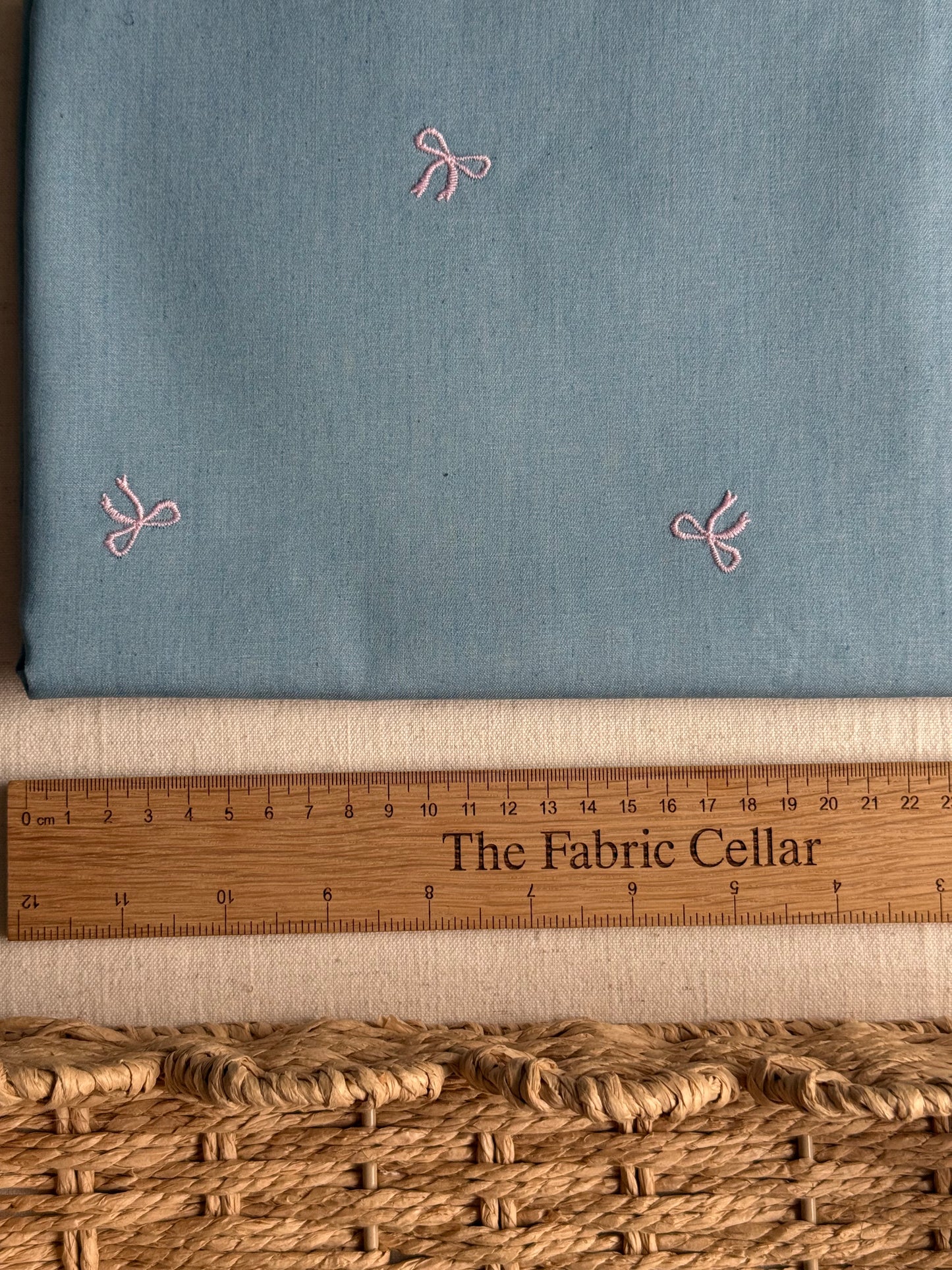 Embroidered Cotton Chambray Denim Fabric  - Bows