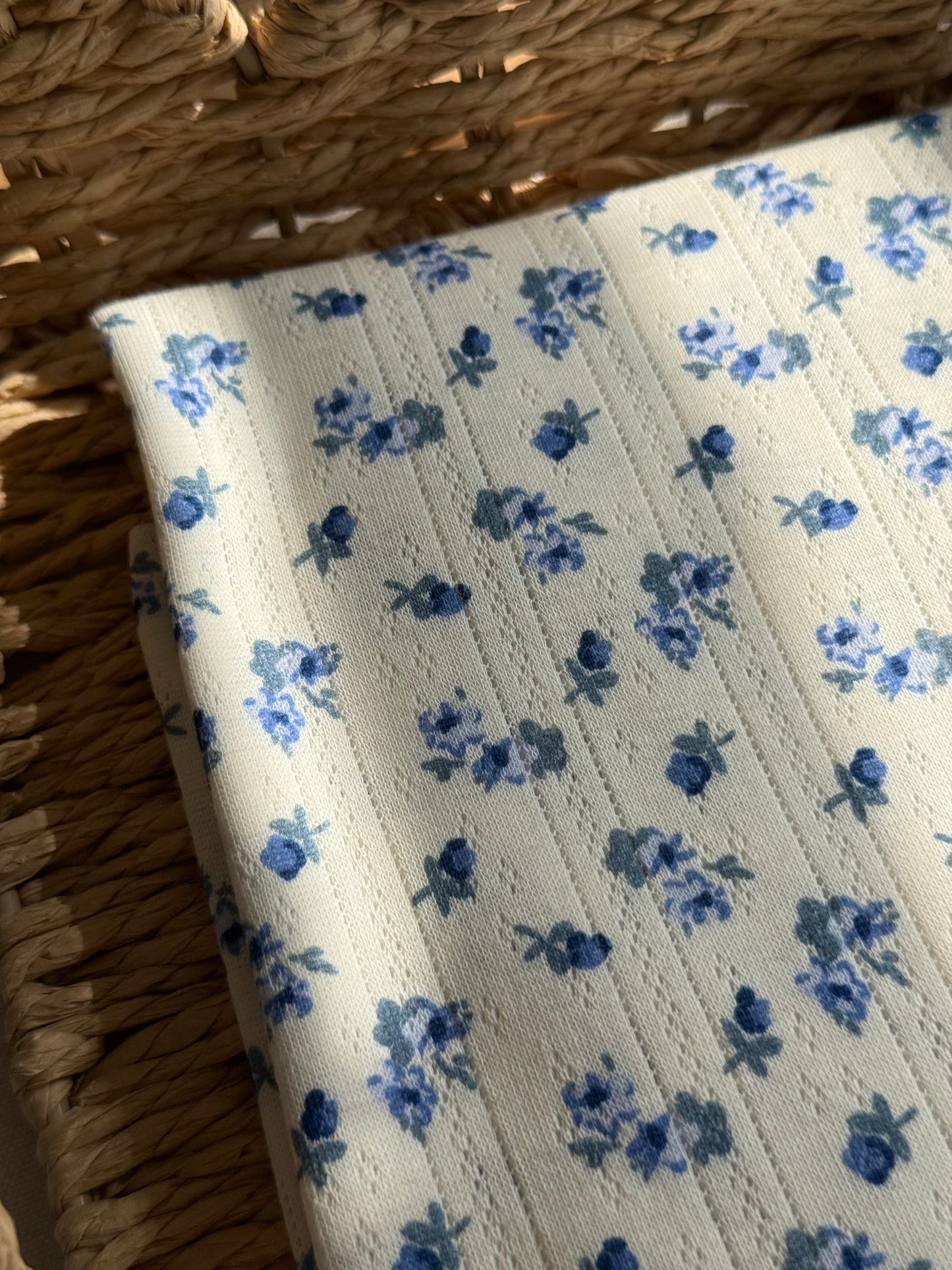 Printed Cotton Jersey Pointelle Fabric - Blue Floral