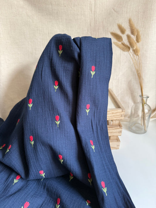 Embroidered Double Gauze Fabric - Navy Tulips