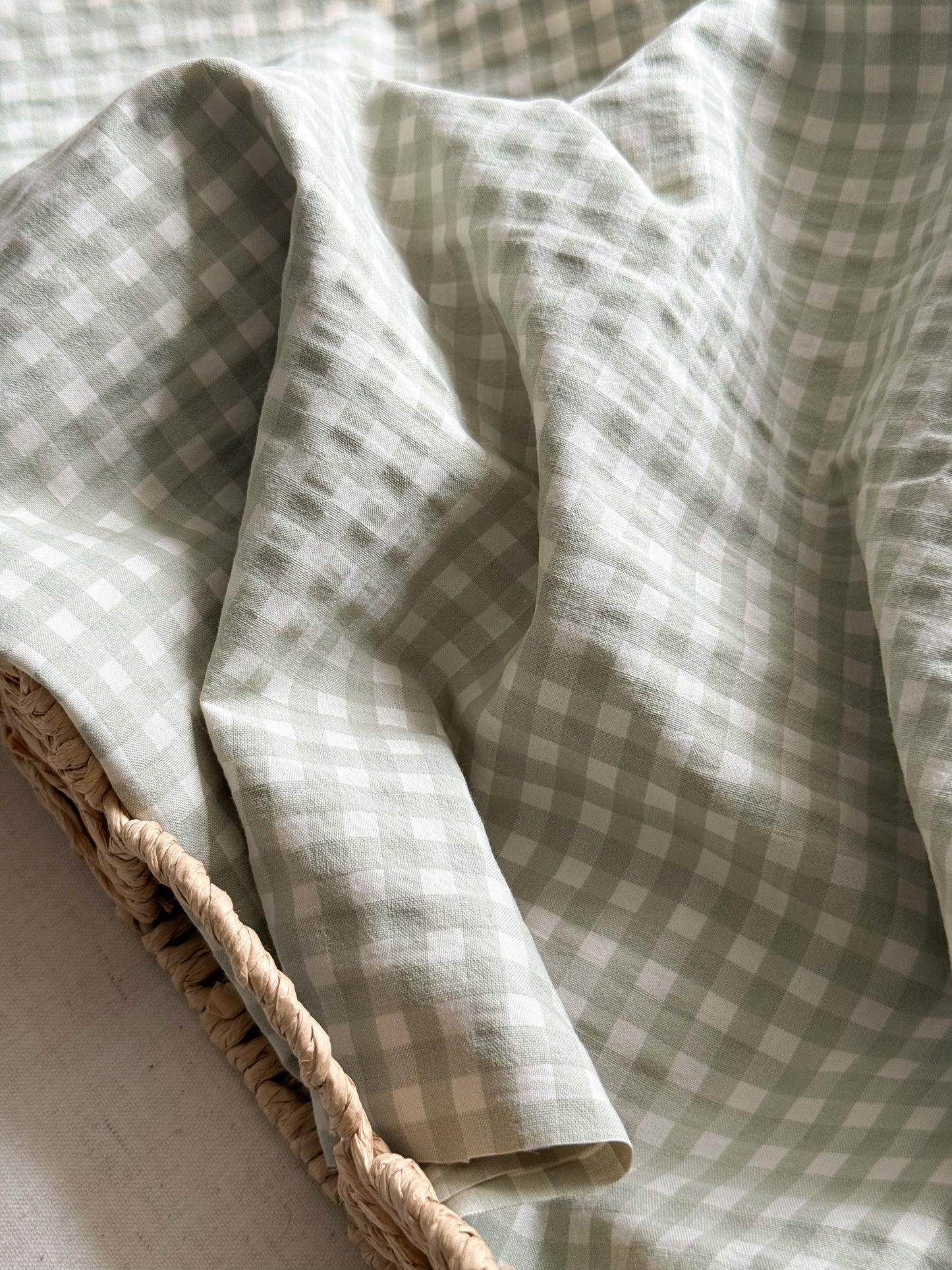 Organic Cotton Blend Seersucker Fabric - Gingham Soft Green