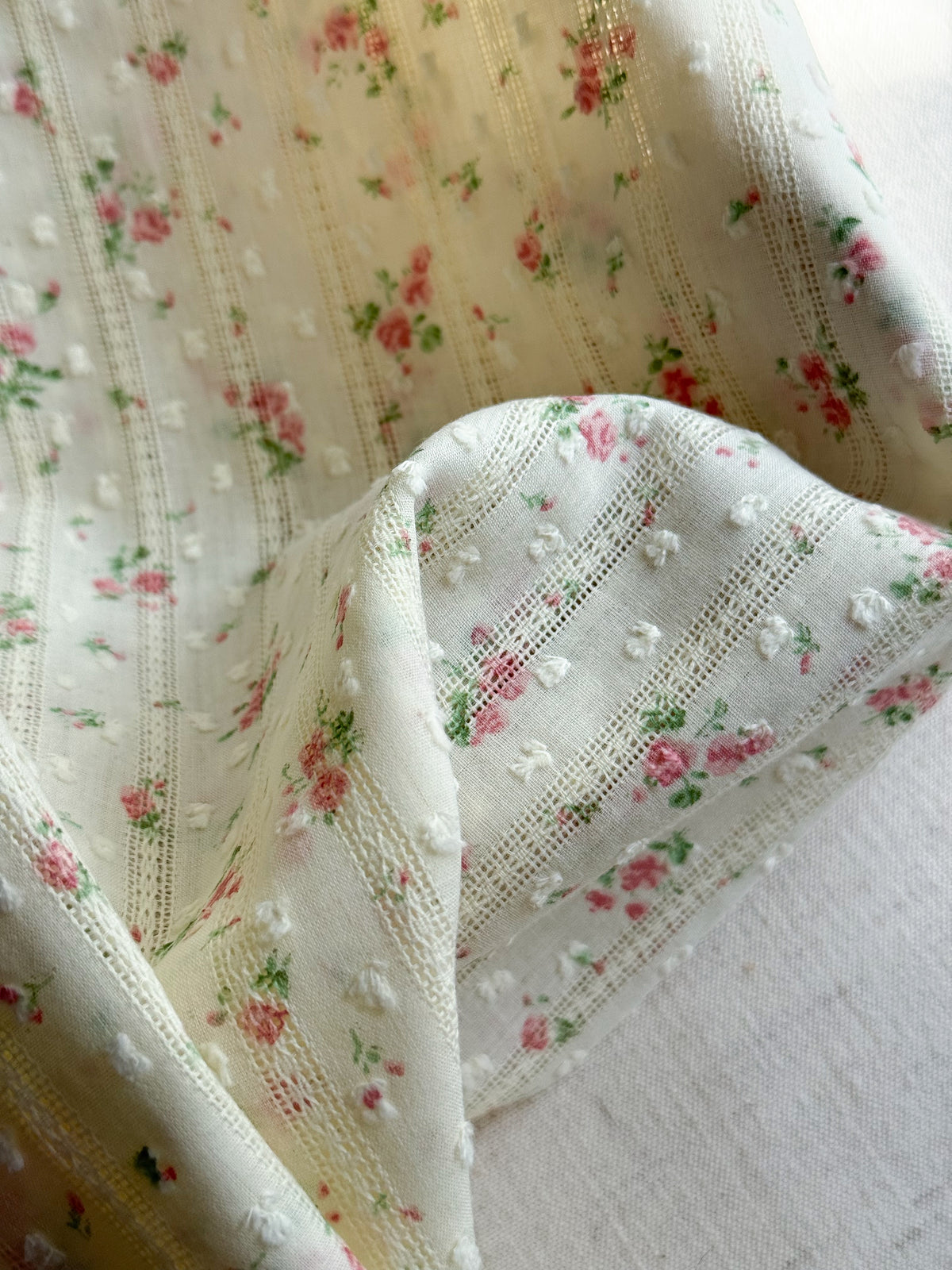 Embroidered Jacquard Cotton Swiss Dot Dobby Fabric - Rose Garden