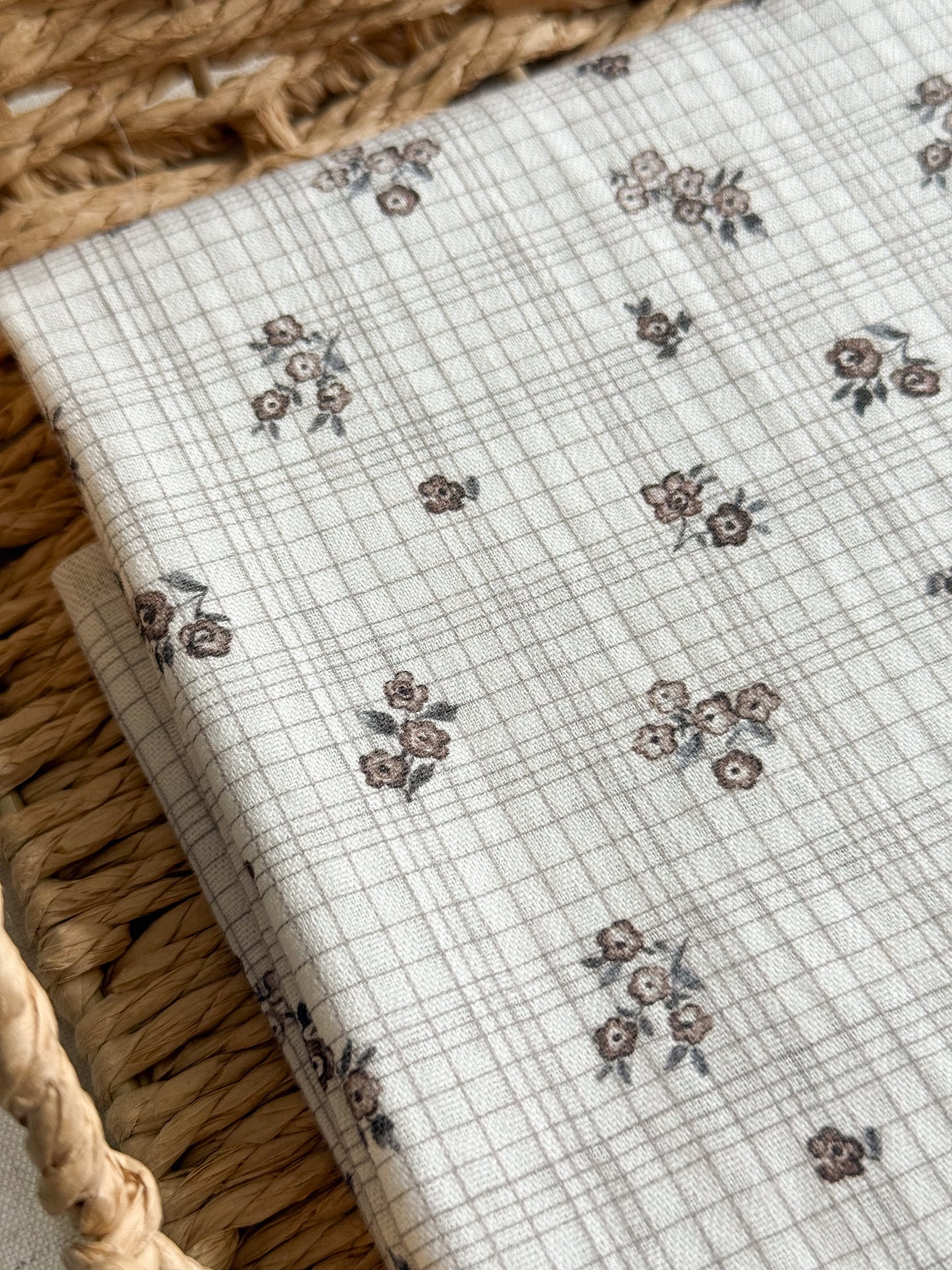 Organic Seersucker / Soft Cotton Fabric - Beige Floral Checks