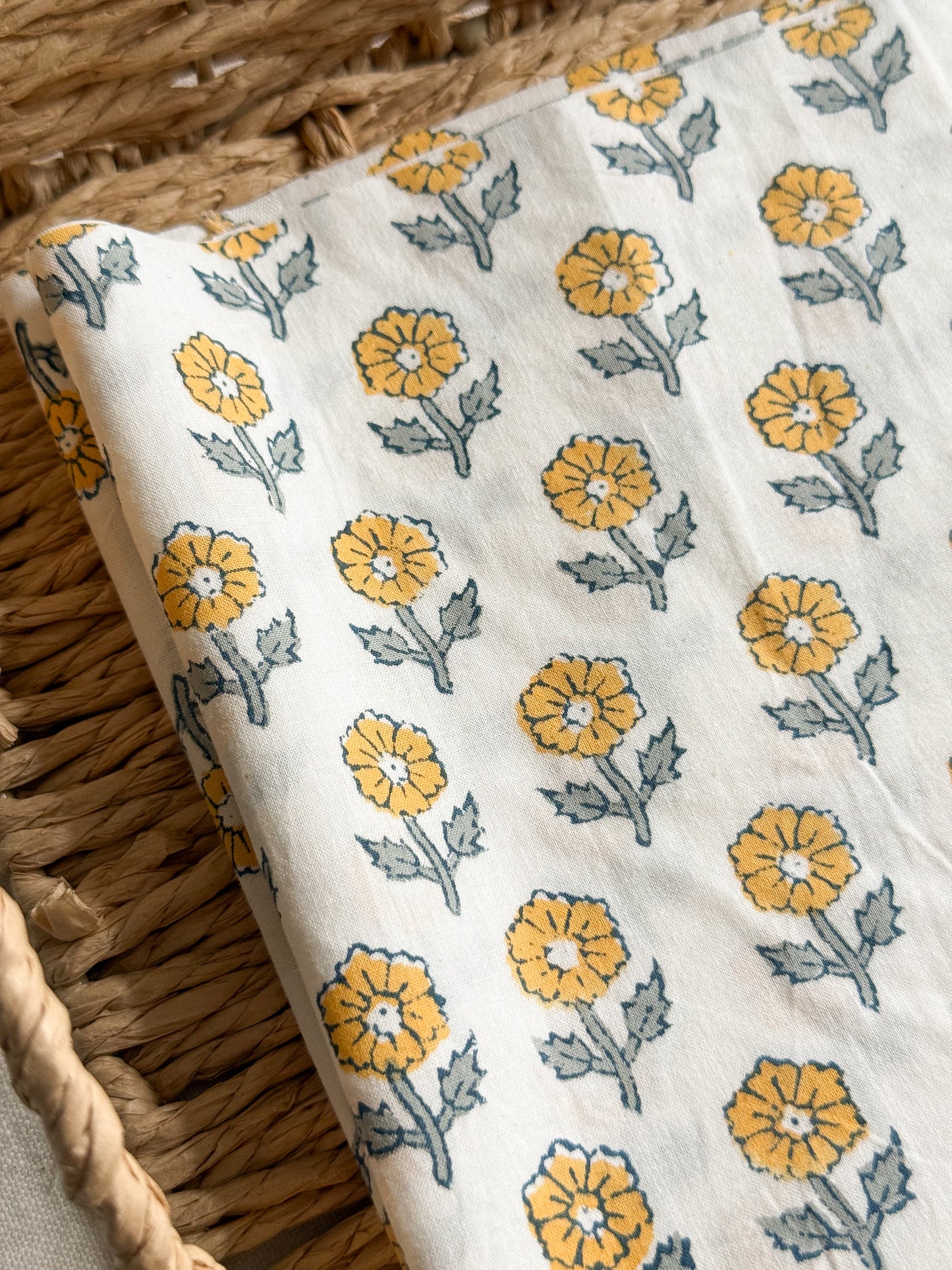 Indian Cotton Block Print Fabric - Flowering in Yellow - 30cm Remnant