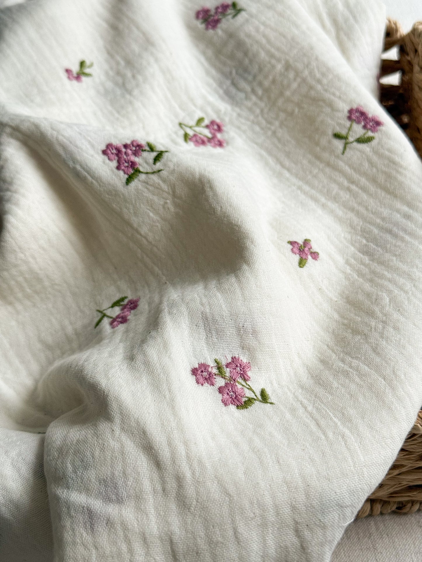 Embroidered Double Gauze Fabric - Natural - Pink Flowers
