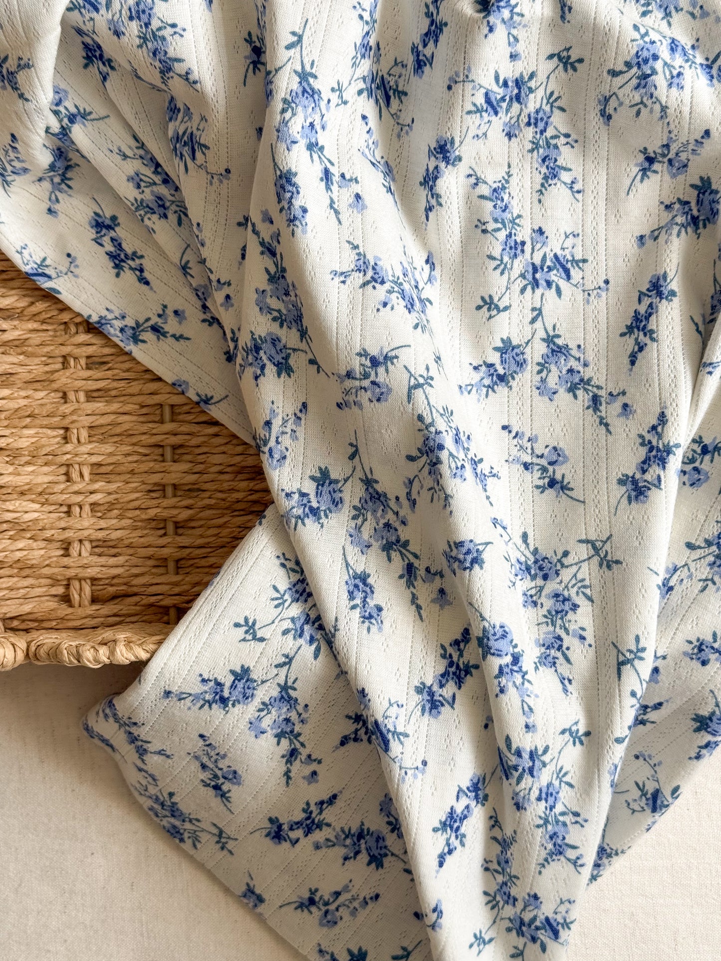 Printed Cotton Jersey Pointelle Fabric - Blue Branches