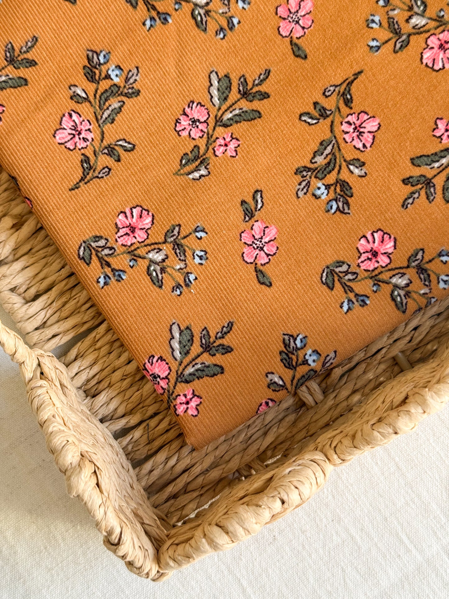 Cotton Baby Cord Fabric - Tan / Floral