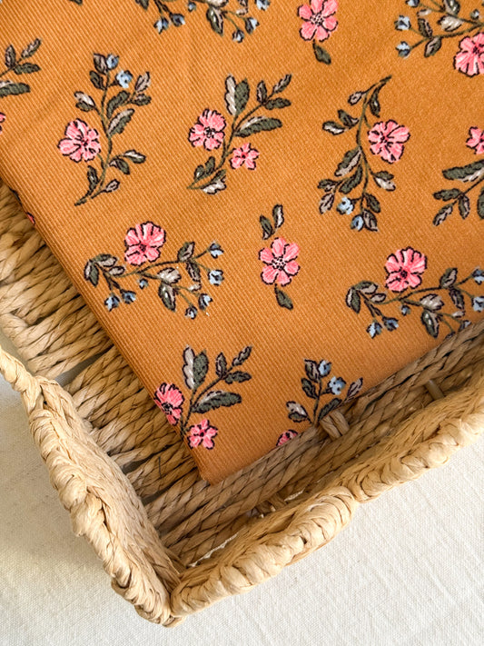 Cotton Baby Cord Fabric - Tan / Floral