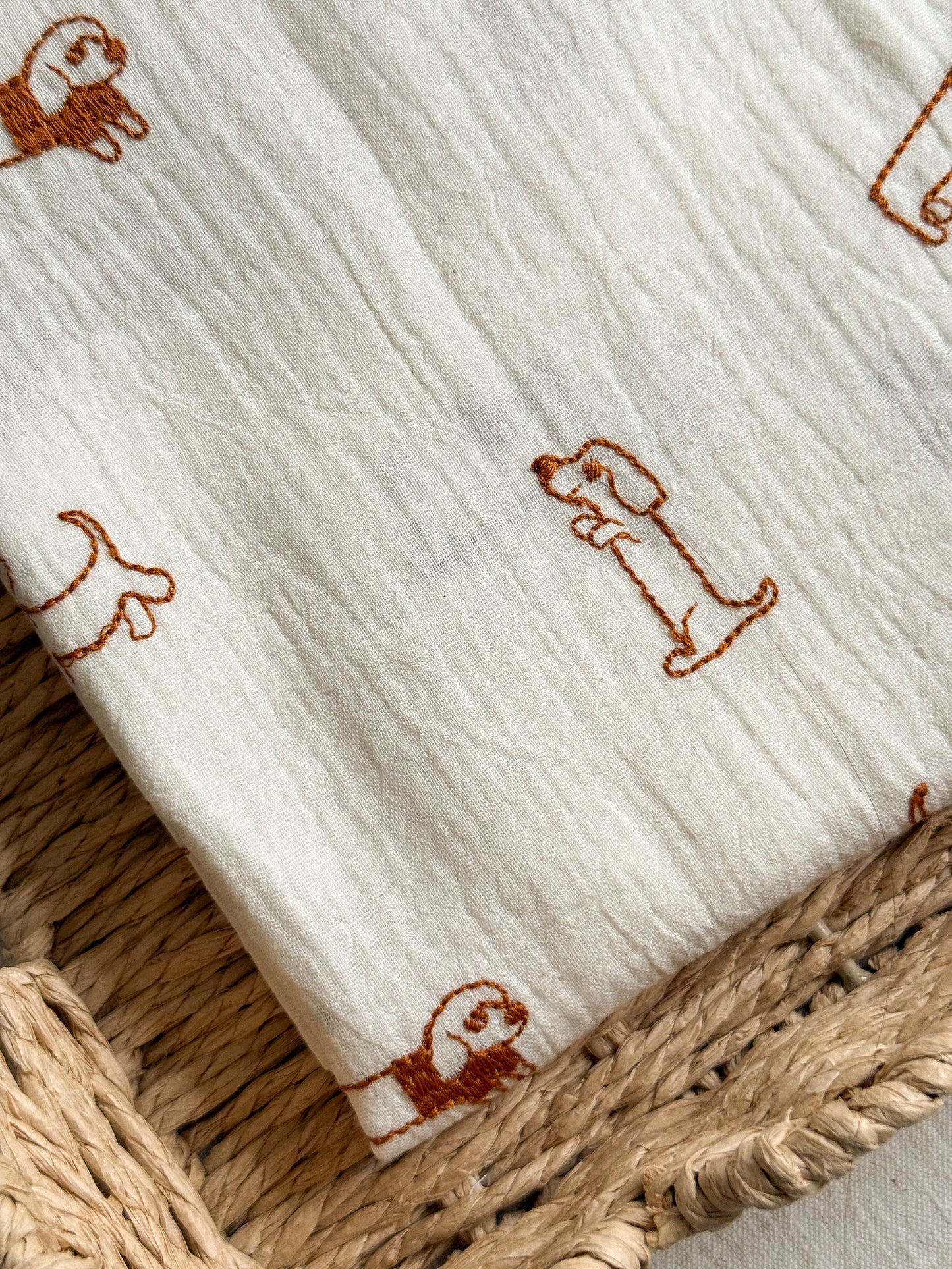 Embroidered Double Gauze Fabric - Sausage Dogs