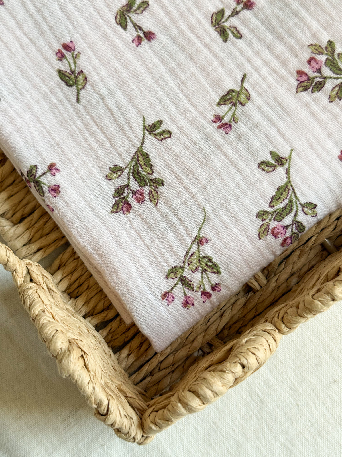 Double Gauze Fabric - Pink & Mauve Floral Stems