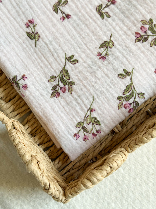 Double Gauze Fabric - Pink & Mauve Floral Stems