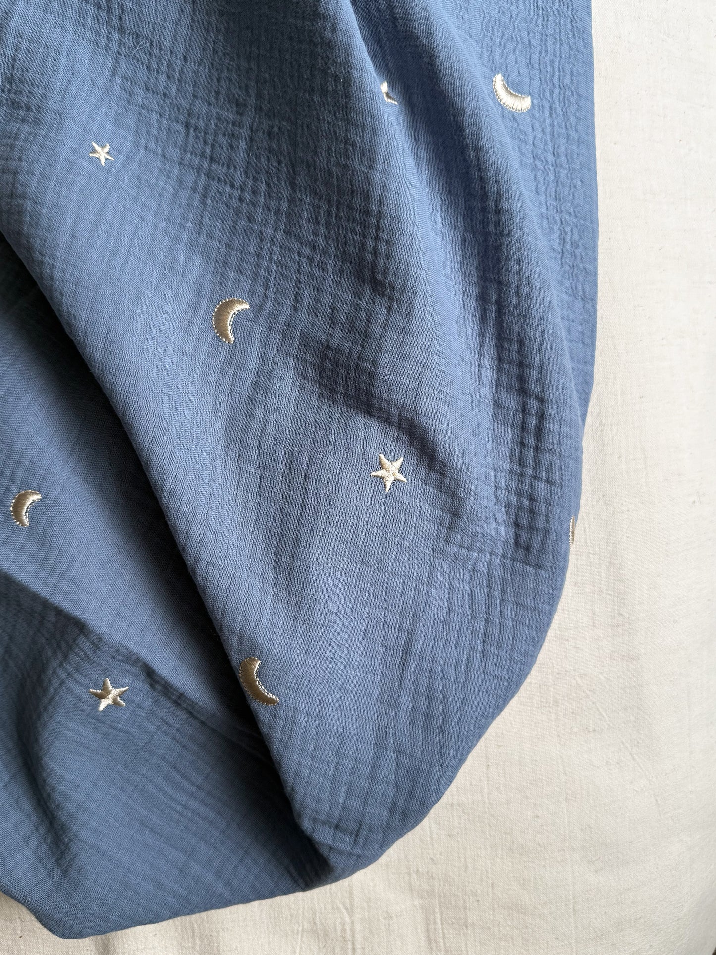 Embroidered Double Gauze Fabric - Moon & Stars - Blue