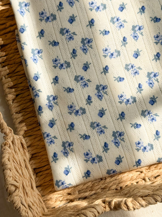 Printed Cotton Jersey Pointelle Fabric - Blue Floral