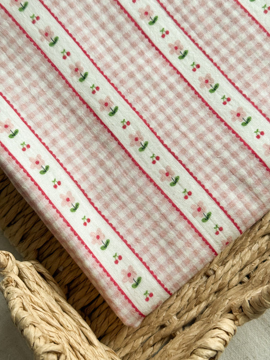 Double Gauze Fabric - Gingham Flowers & Cherries - Pink