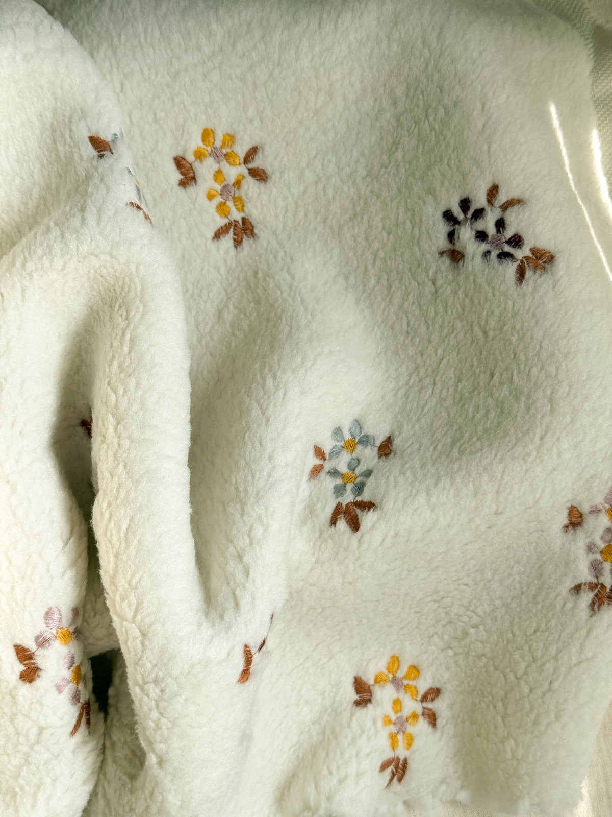 Soft Teddy Fabric - Embroidered Flowers - Ecru