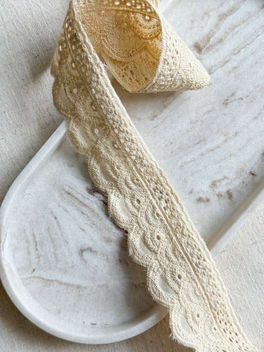 Cotton Broderie Anglaise Trim - Natural - 45mm Wide
