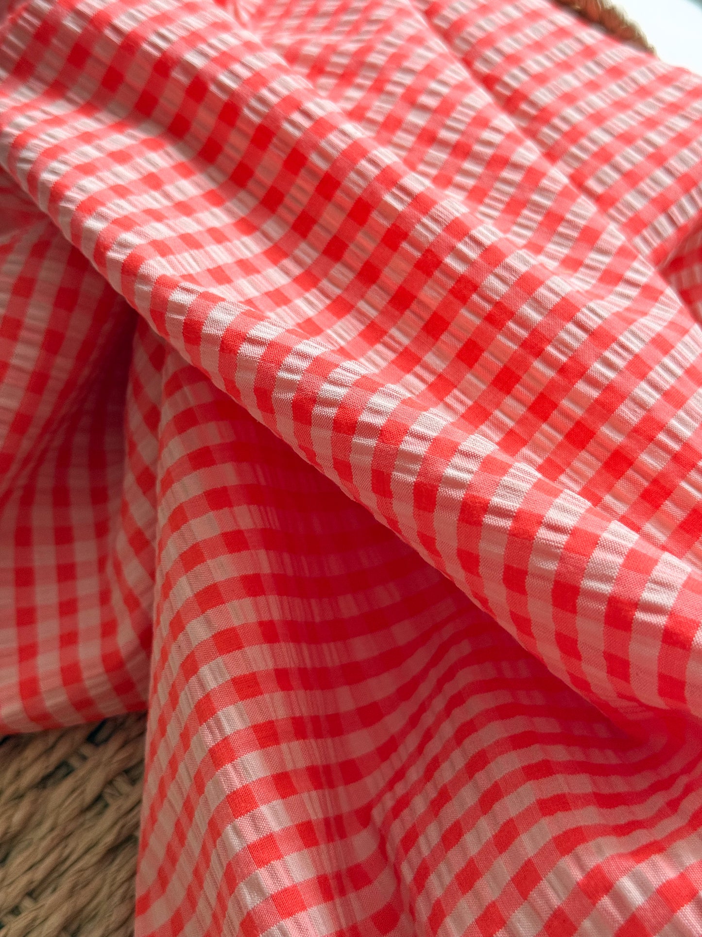 Cotton Seersucker Fabric - Gingham - Neon Summer Pink