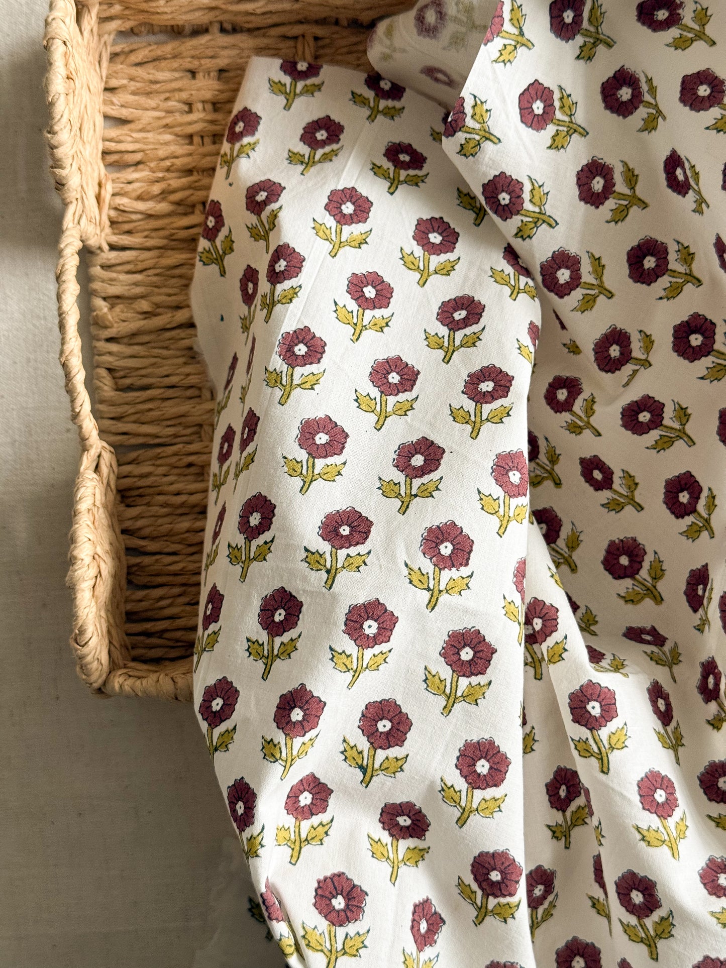 Indian Cotton Block Print Fabric - Flowering in Aubergine