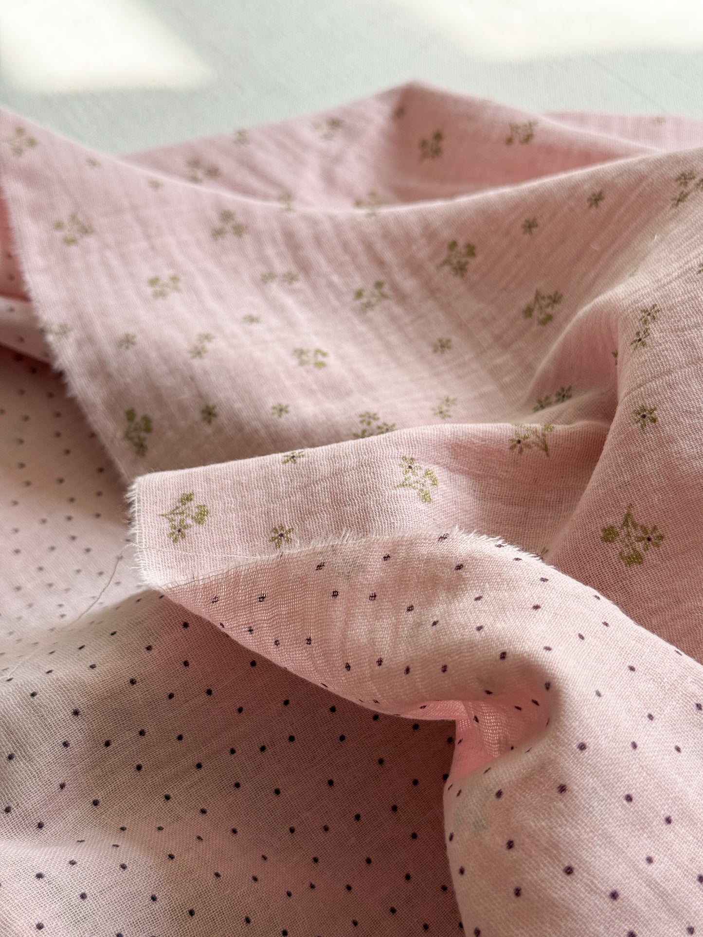 Organic Double Gauze Fabric - Double Sided - Polka Dots & Flowers - 150cm Remnant - Defects - See Images