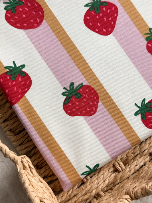 Printed Cotton Jersey Fabric - Strawberries & Stripes