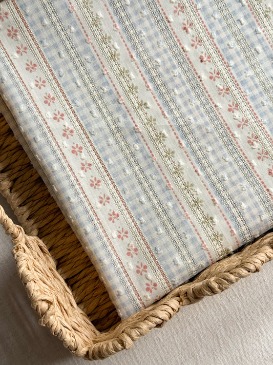 Embroidered Jacquard Cotton Swiss Dot Dobby Fabric - Gingham Floral Blue - *SEE DESCRIPTION*