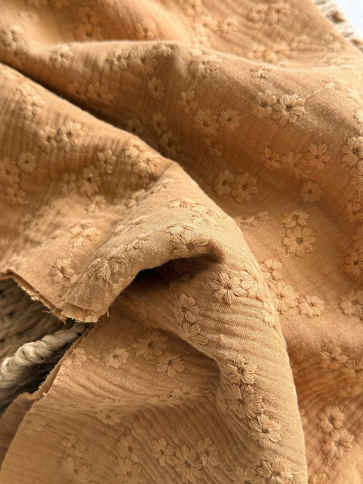 Embroidered Double Gauze Fabric - Caramel Flowers