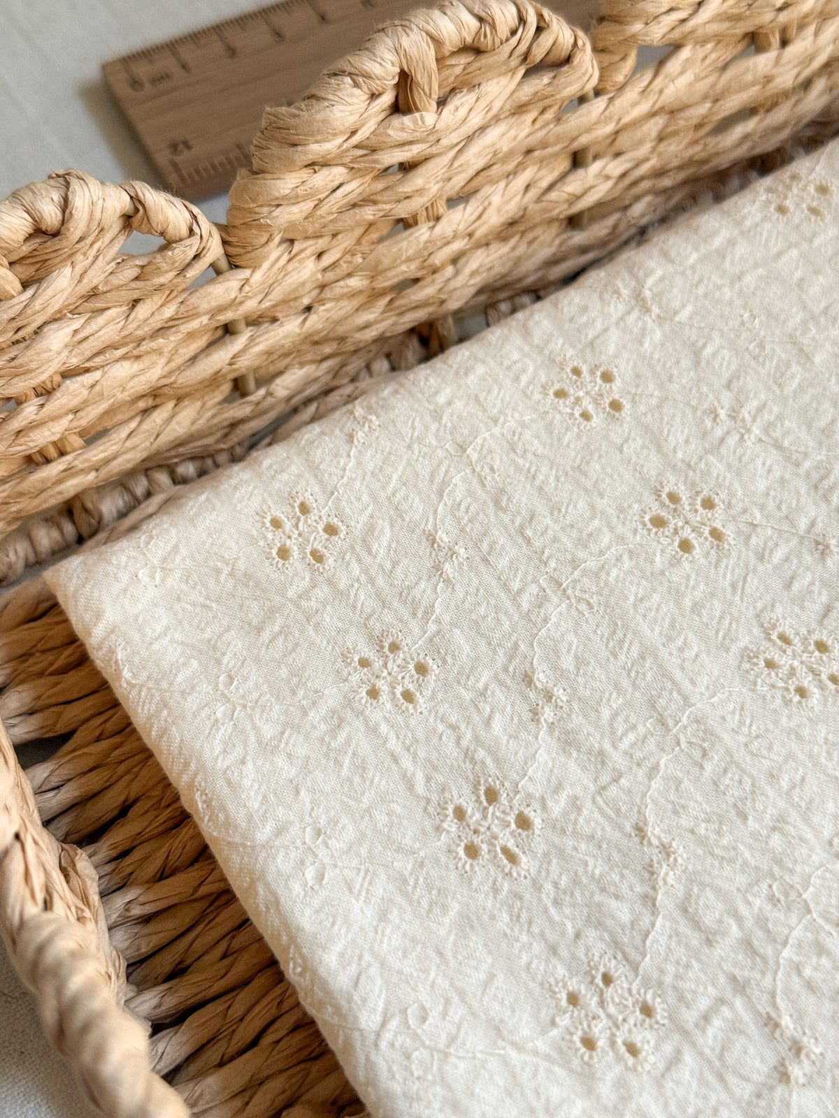 Cotton Embroidered Seersucker Fabric - Ecru Broderie Daisy