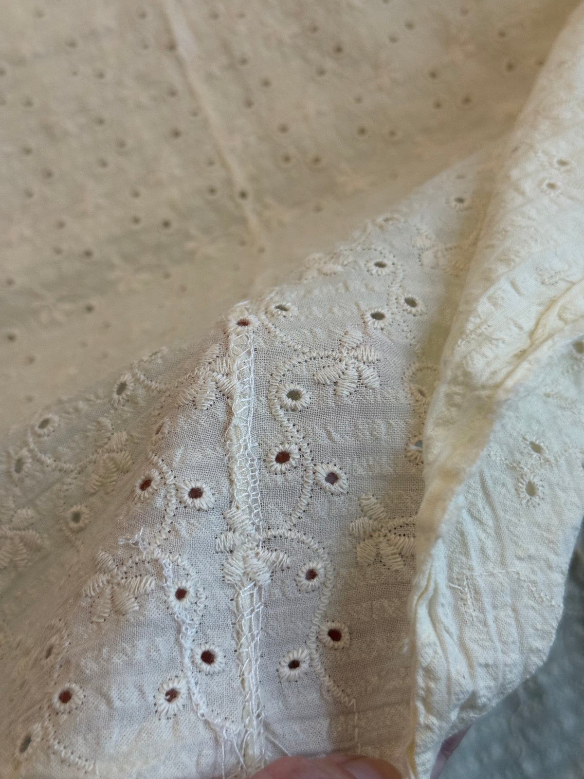 Cotton Embroidered Seersucker Fabric - Ecru Broderie Clematis - 100cm Remnant - Damaged - SEE IMAGES
