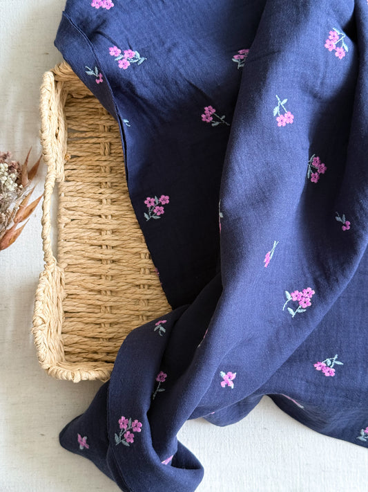 Embroidered Double Gauze Fabric - Navy Pink Flowers