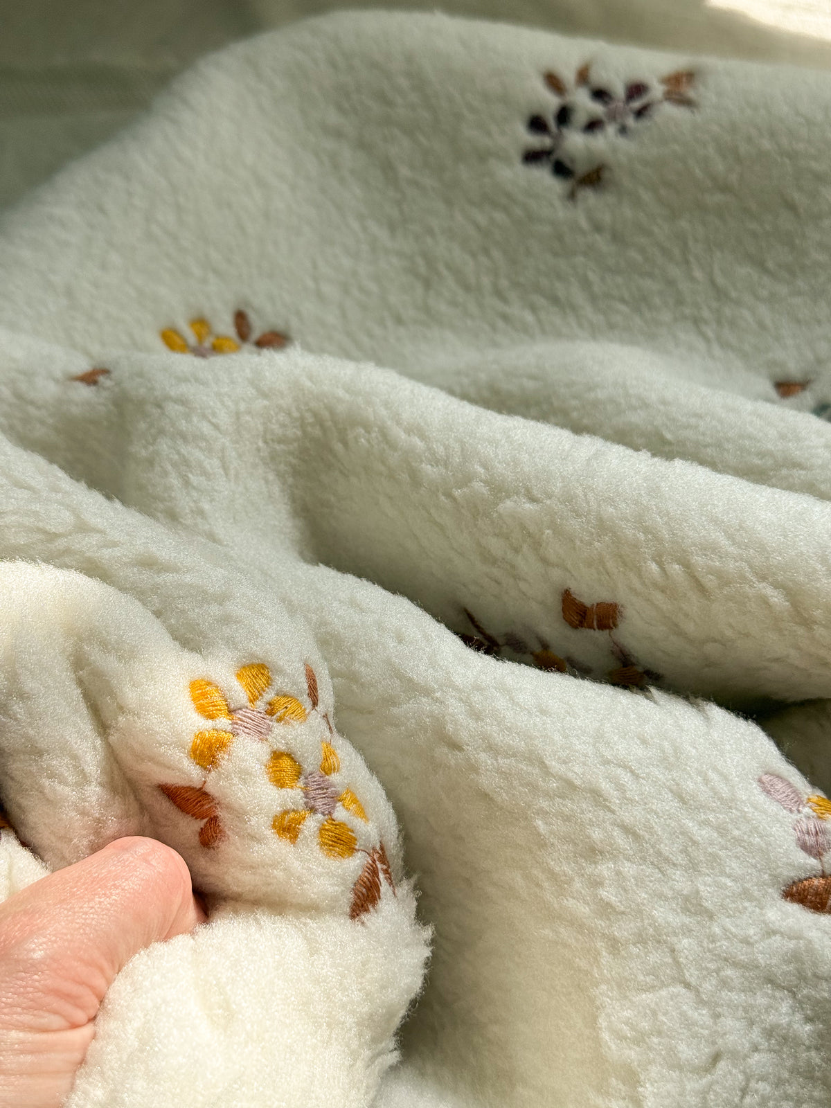 Soft Teddy Fabric - Embroidered Flowers - Ecru