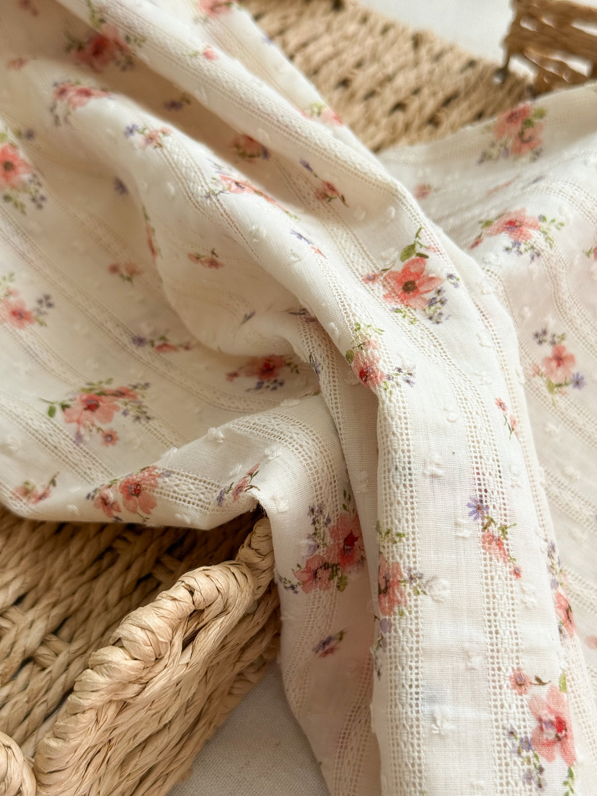 Embroidered Jacquard Cotton Swiss Dot Dobby Fabric - Peach Floral - 45cm Remnant
