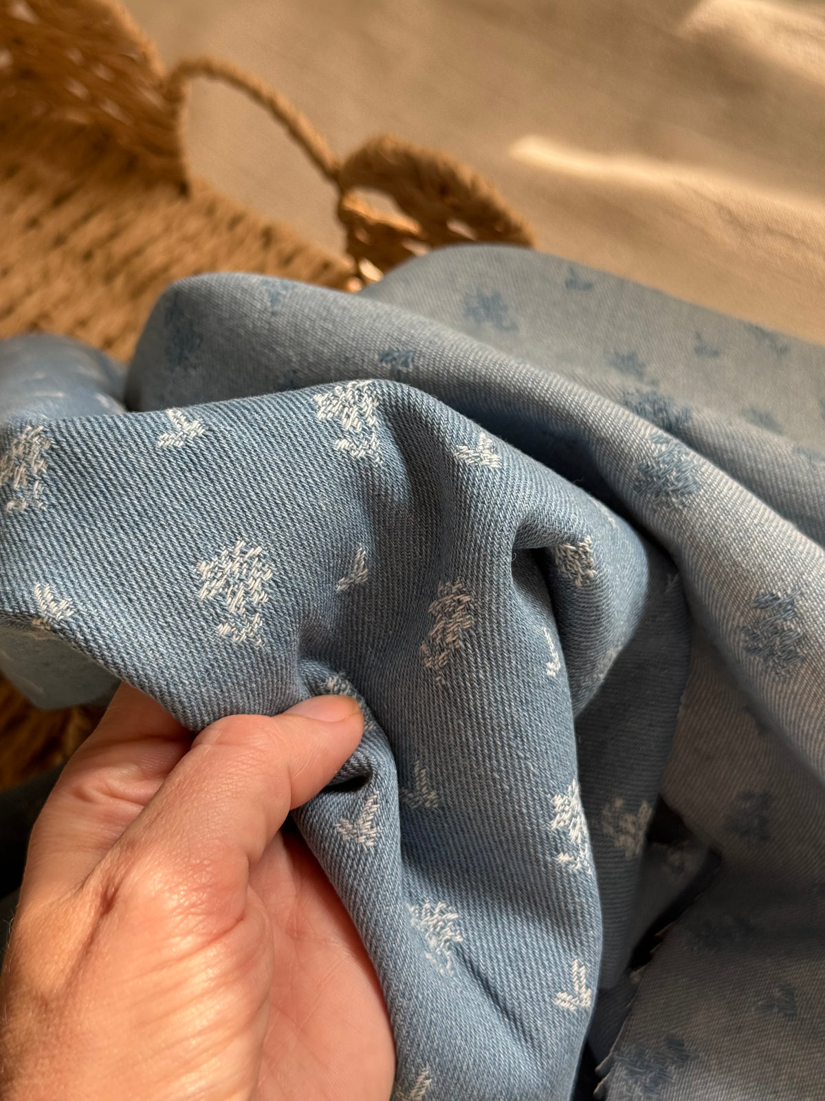 Cotton Mix Denim Fabric  - Sweet Jacquard Flowers