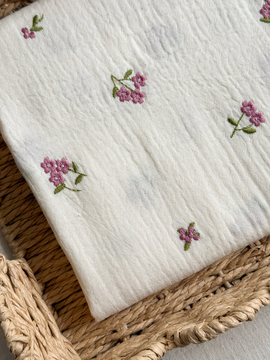 Embroidered Double Gauze Fabric - Natural - Pink Flowers
