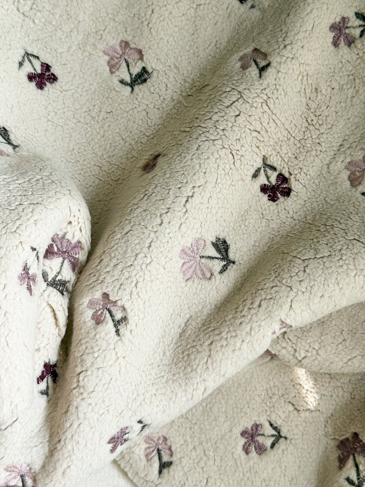 Soft Teddy Fabric - Greige / Purple Embroidered Flowers