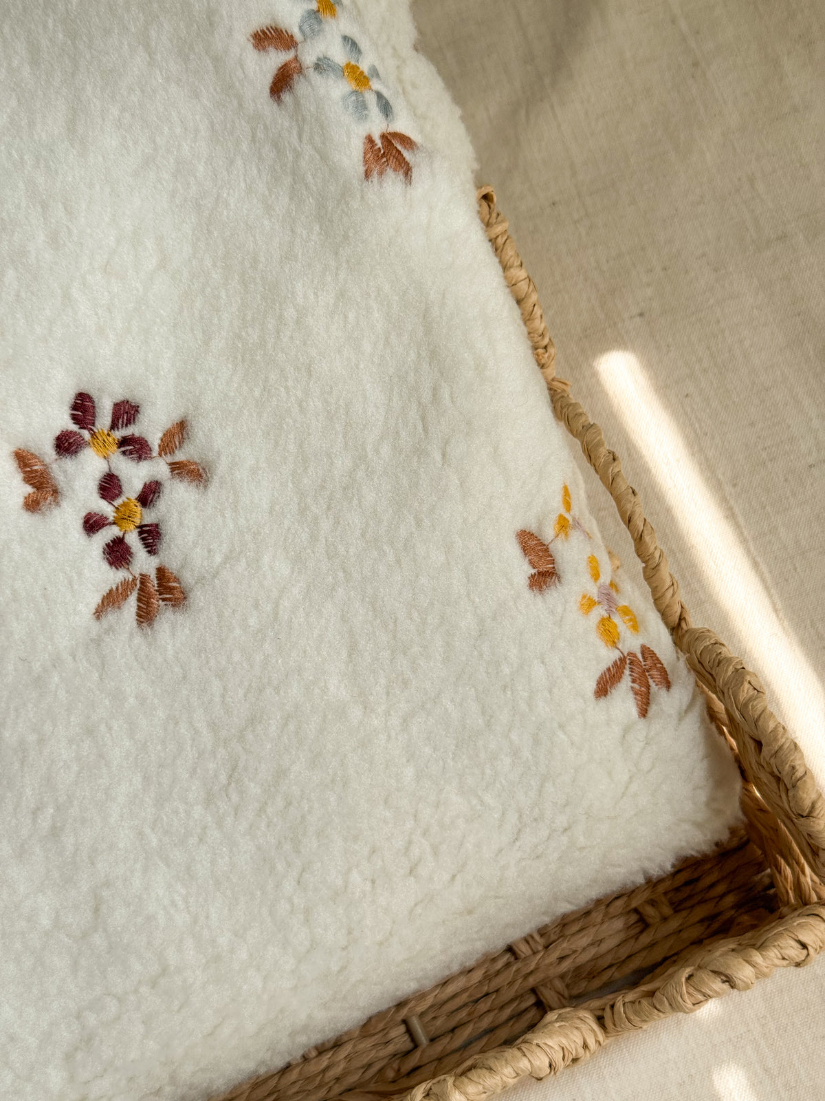 Soft Teddy Fabric - Embroidered Flowers - Ecru