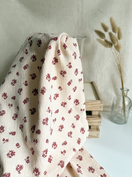 Double Gauze Fabric - Swiss Dot Dobby Floral Maroon