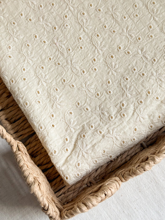 Cotton Embroidered Seersucker Fabric - Ecru Broderie Clematis