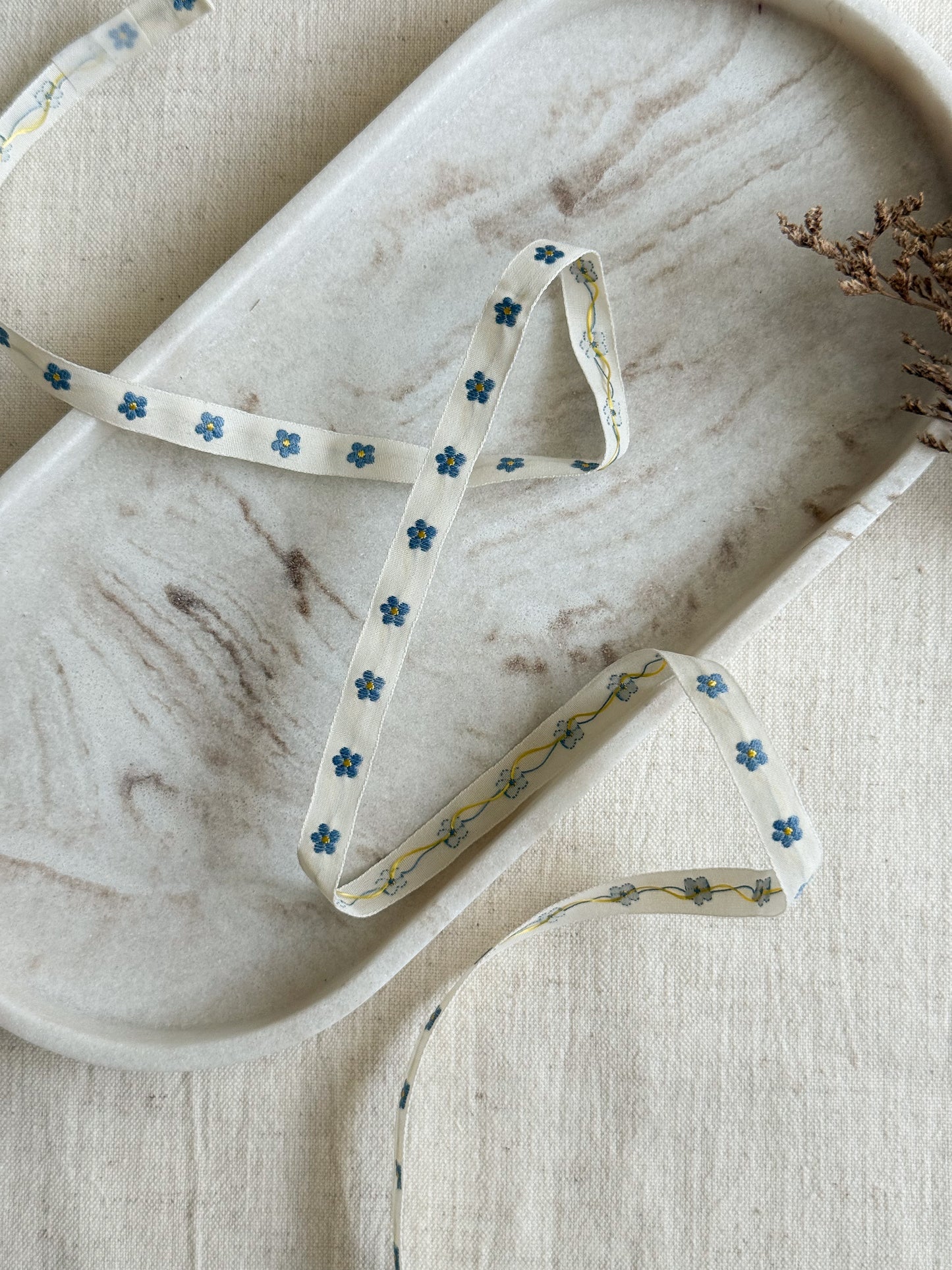 Jacquard Woven Ribbon - Blue & Yellow Flowers - 10mm