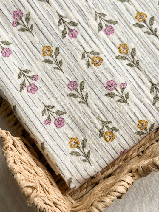 Double Gauze Fabric - Pink & Mustard Floral Stripes