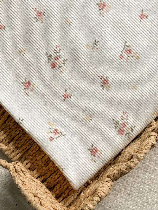 Ribbed Cotton Jersey Fabric - Rose + Yellow Floral