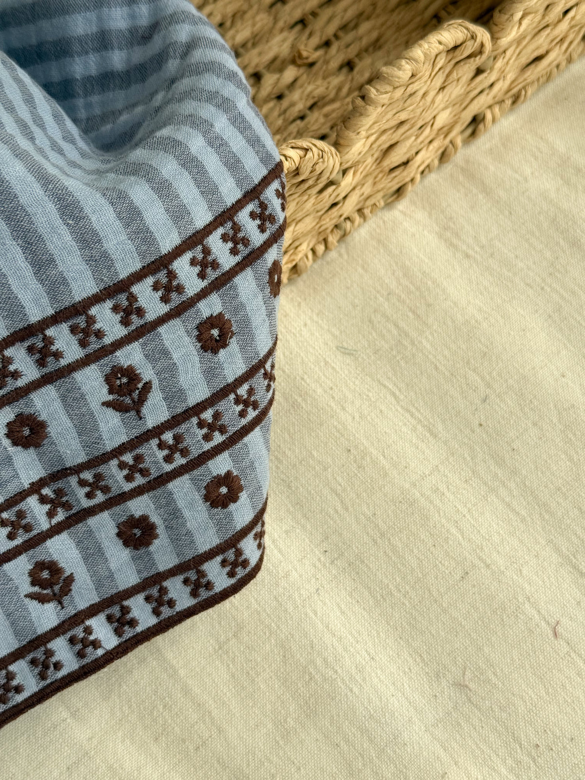 Double Gauze Fabric - Embroidered Border - Blueberry & Cocoa Stripe