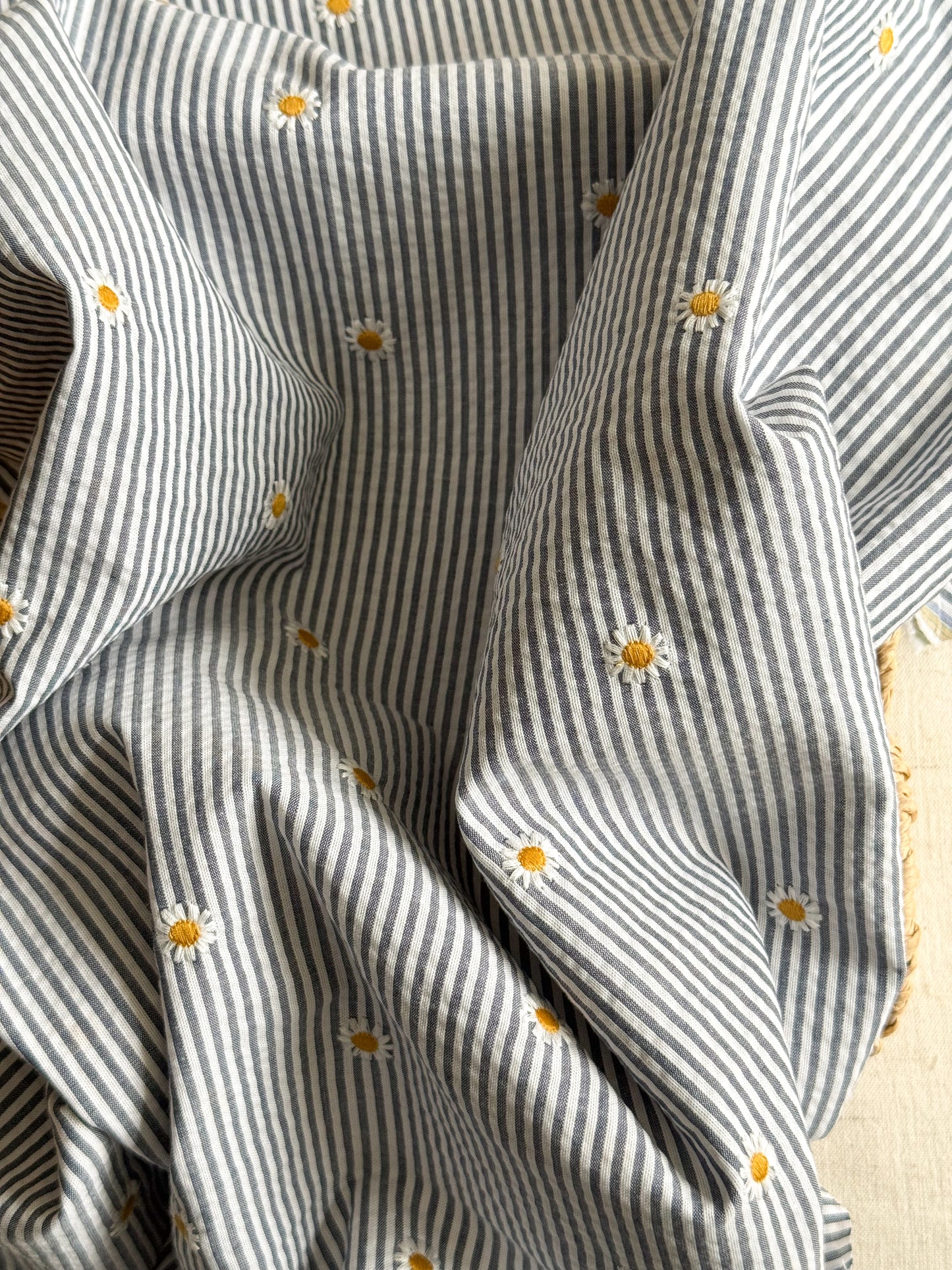 Cotton Stripe Seersucker Fabric With Embroidered Daisy - Navy