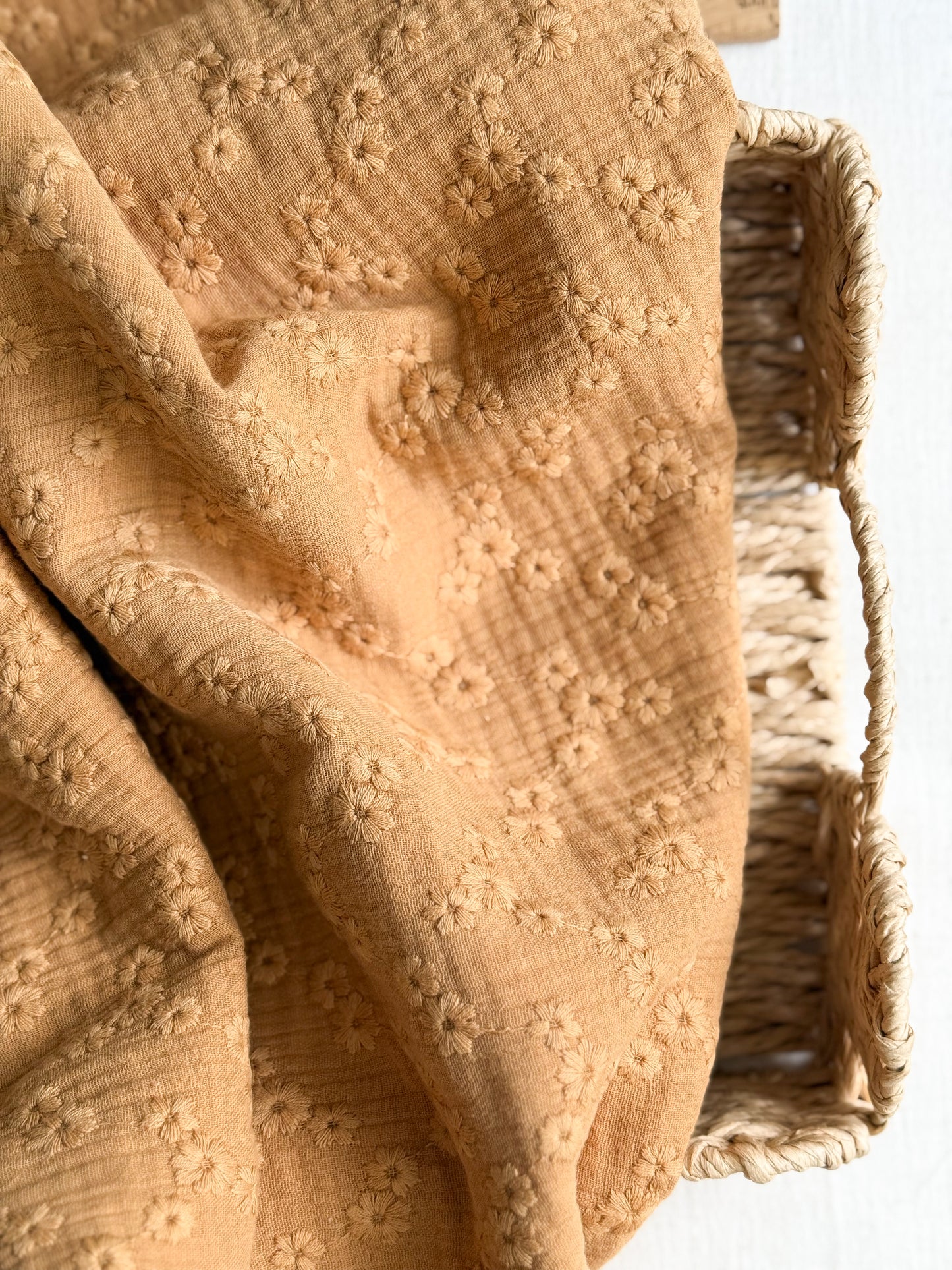 Embroidered Double Gauze Fabric - Caramel Flowers