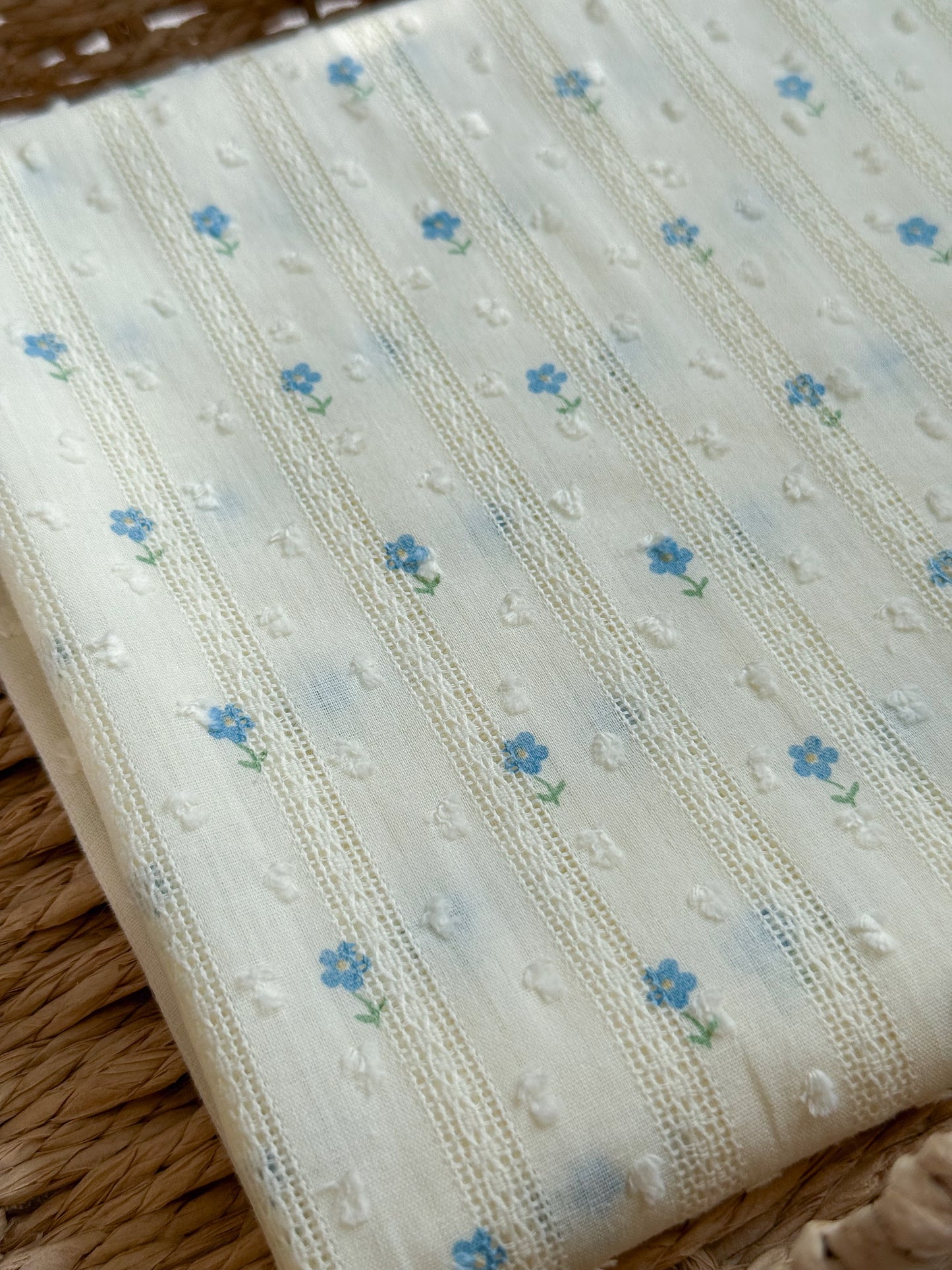 Embroidered Jacquard Cotton Swiss Dot Dobby Fabric - Blue Flowers