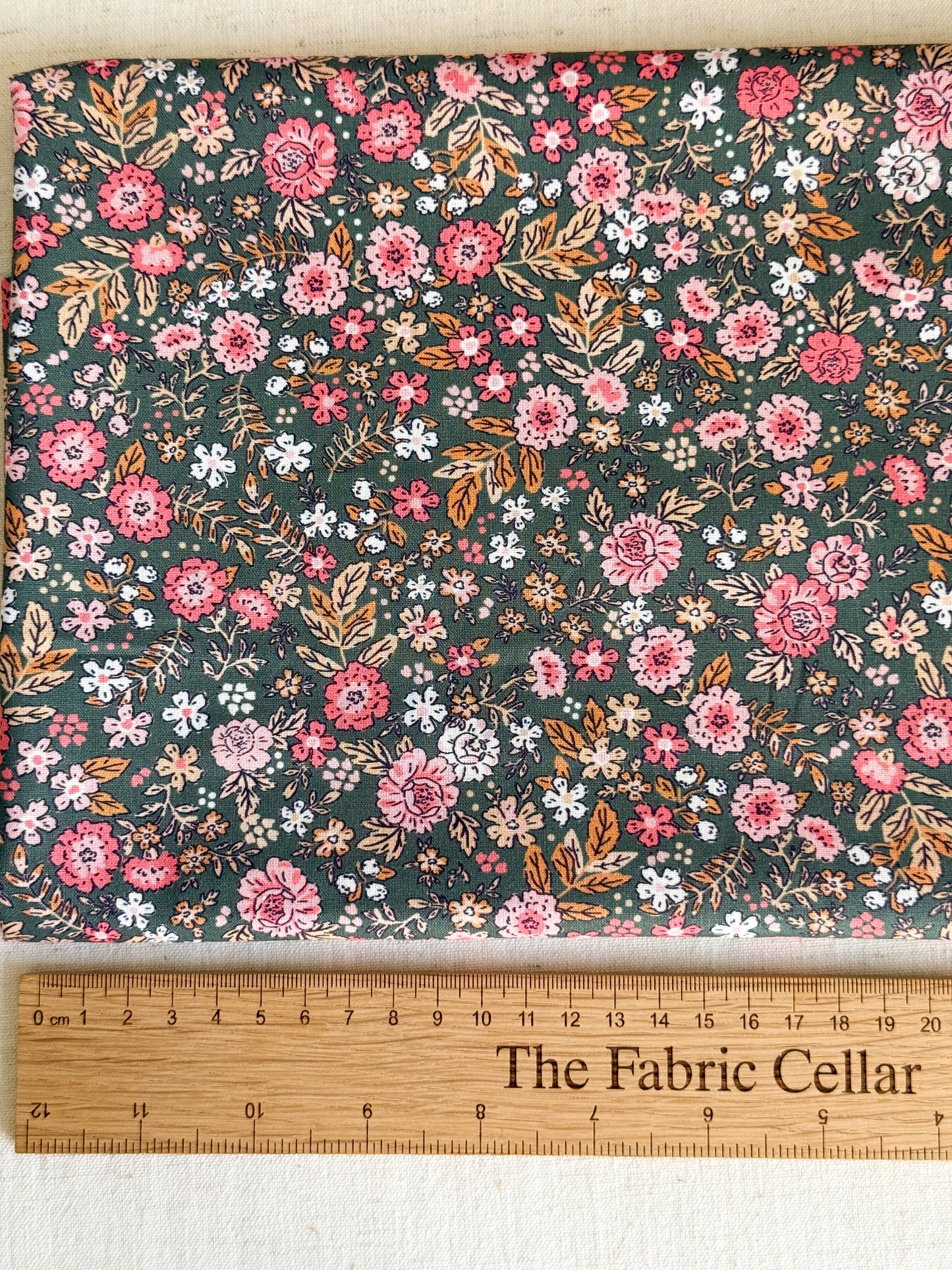Cotton Poplin Fabric  - Khaki & Pink Floral