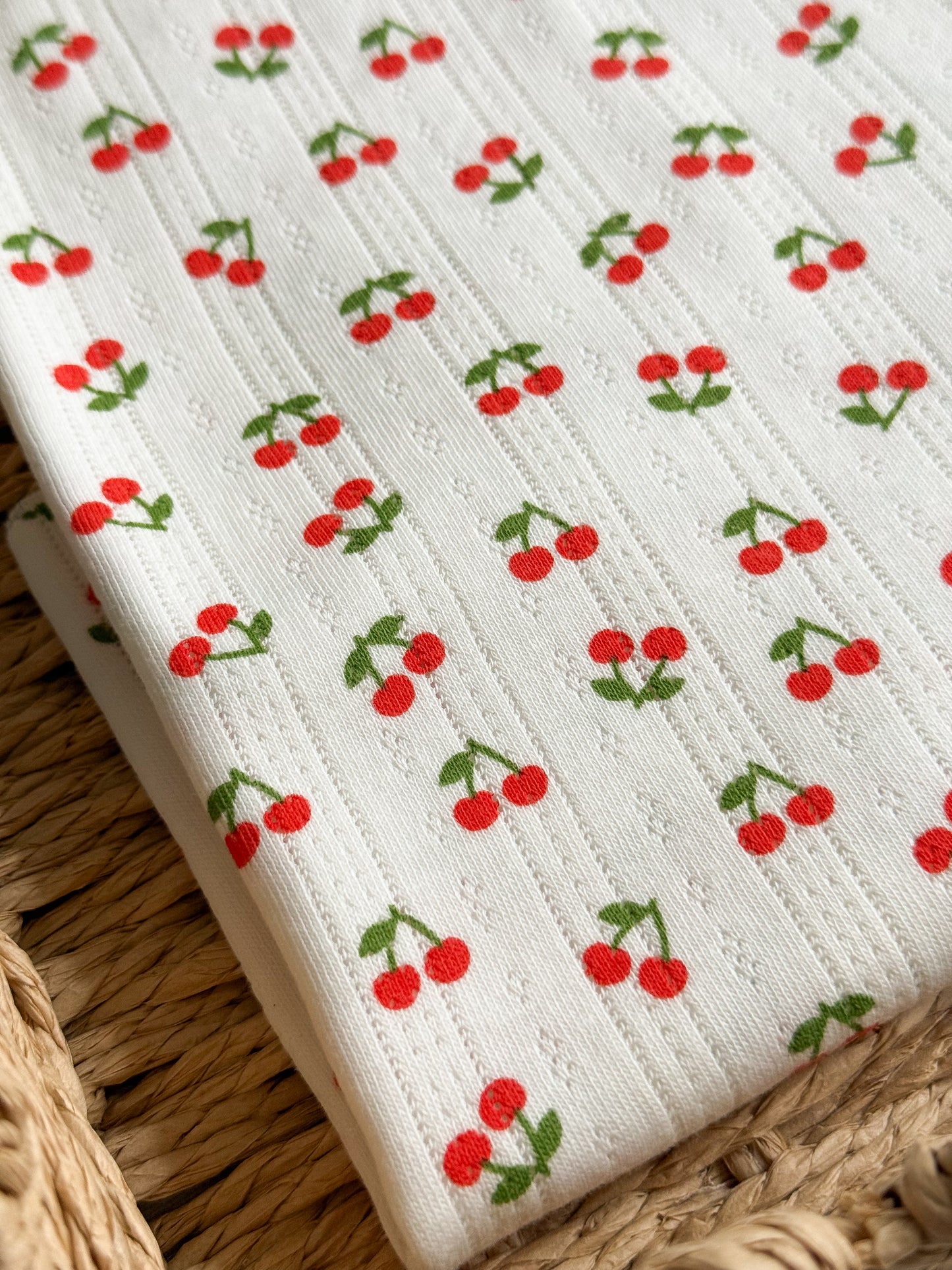 Printed Cotton Jersey Pointelle Fabric - Cherries