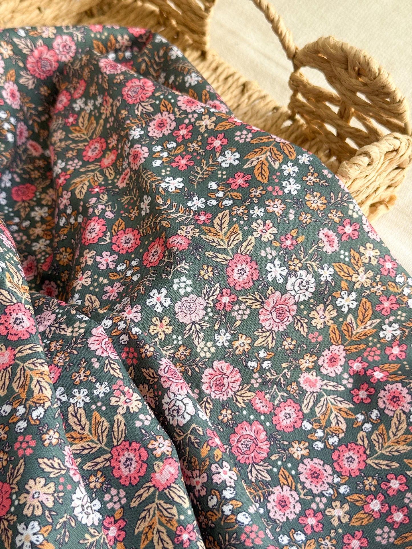 Cotton Poplin Fabric  - Khaki & Pink Floral