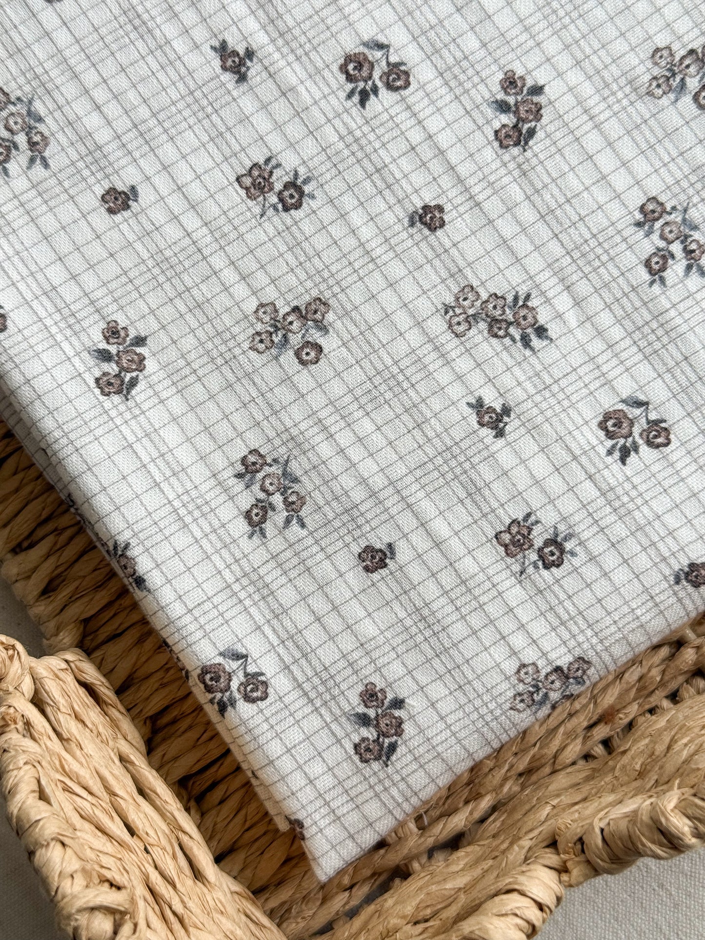 Organic Seersucker / Soft Cotton Fabric - Beige Floral Checks