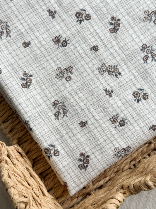 Organic Seersucker / Soft Cotton Fabric - Beige Floral Checks